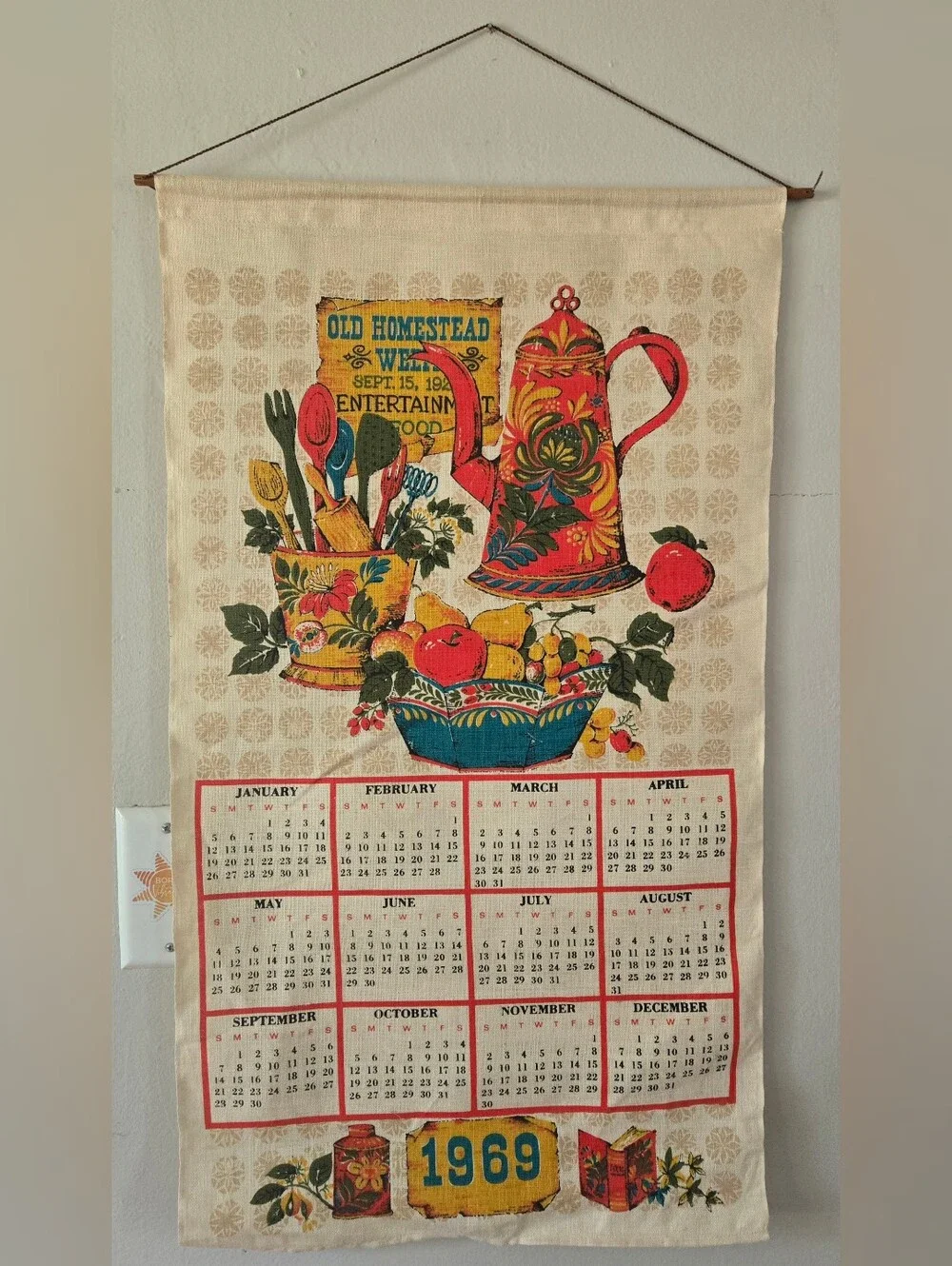 Vintage 1969 Calendar Linen Tea Towel w/ Rod & String to Hang Kitchen Theme